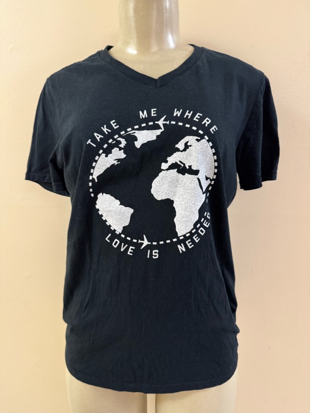 Women’s Black T-shirt "TAKE ME WHERE LOVE IS NEEDED" Size Sm EUC
